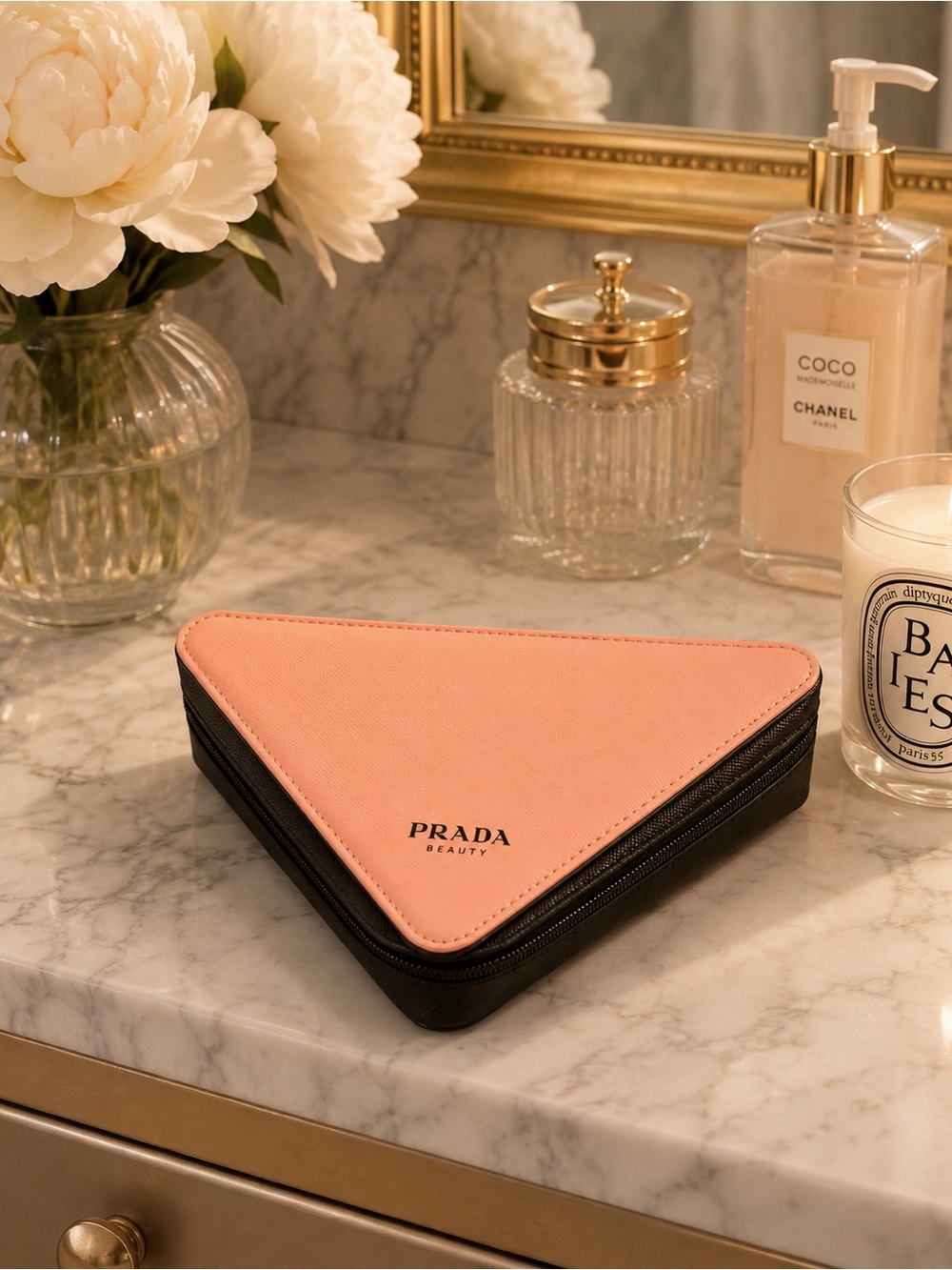 Prada pink and black Black Triangle Zip Beauty  makeup pouch